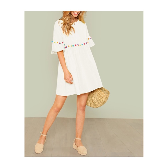 White Pom Pom Short Sleeve Casual Shift Sundress - Picture 5 of 6